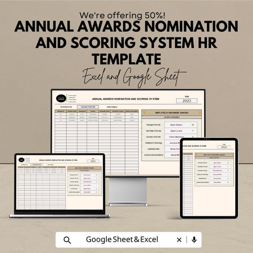 Annual Awards Nomination and Scoring System HR Template | Employee Recognition Program | Excel and Google Sheets Award Tracker