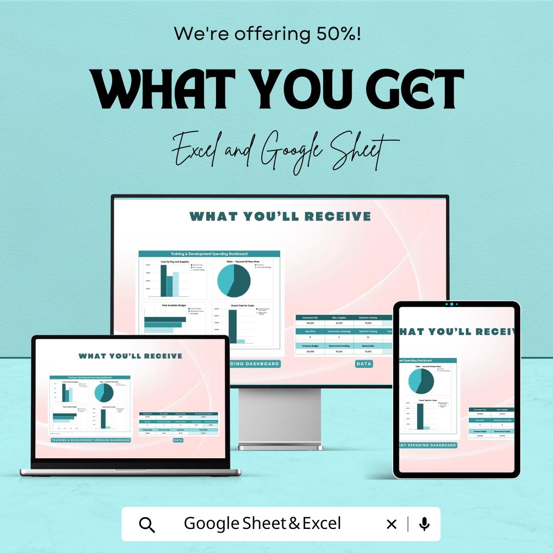 Training & Development Spending Dashboard Sheet | Google Sheets | Track Budget, ROI and Training Costs | Employee Training Management