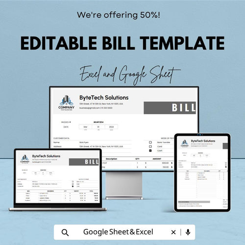 Editable Bill Template | Professional Invoice Spreadsheet | Custom Billing Template | Excel & Google Sheets | Business Invoice Generator |