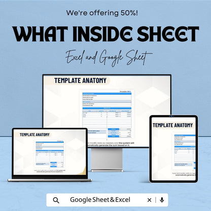Printable Bill Template - Excel and Google Sheets, Customizable Invoice Bill, Professional Billing Sheet, Tax & Quantity Tracker