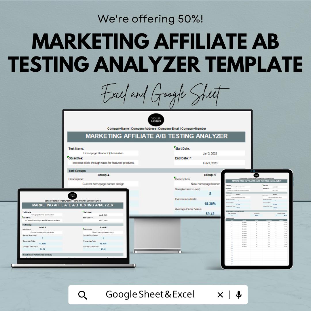 Marketing Affiliate AB Testing Analyzer Template | Marketing Optimization Tool | Analytics Spreadsheet | Conversion Analysis Template