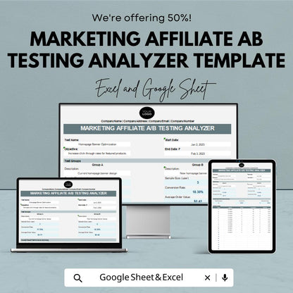 Marketing Affiliate AB Testing Analyzer Template | Marketing Optimization Tool | Analytics Spreadsheet | Conversion Analysis Template