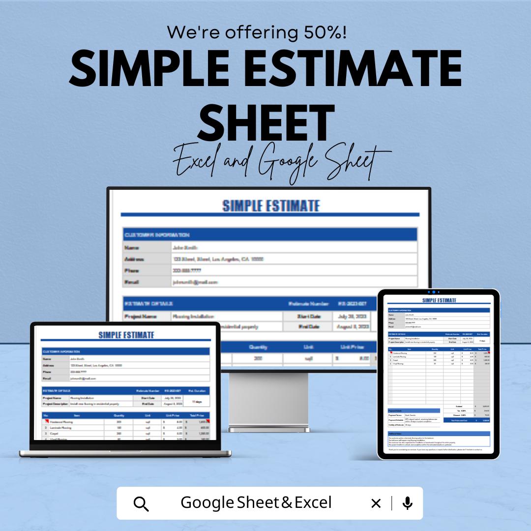 Simple Estimate Sheet for Excel and Google Sheets | Easy-to-Use Cost Estimation Template for Projects | Instant Downloadable Template
