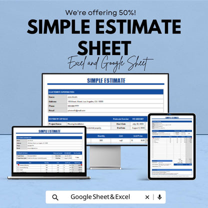 Simple Estimate Sheet for Excel and Google Sheets | Easy-to-Use Cost Estimation Template for Projects | Instant Downloadable Template