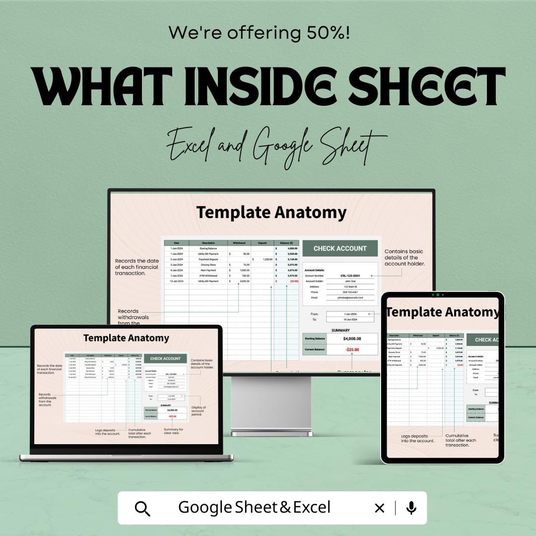 Checking Account Template | Excel and Google Sheets Check Register | Bank Account Tracker Spreadsheet | Budget and Transaction Log
