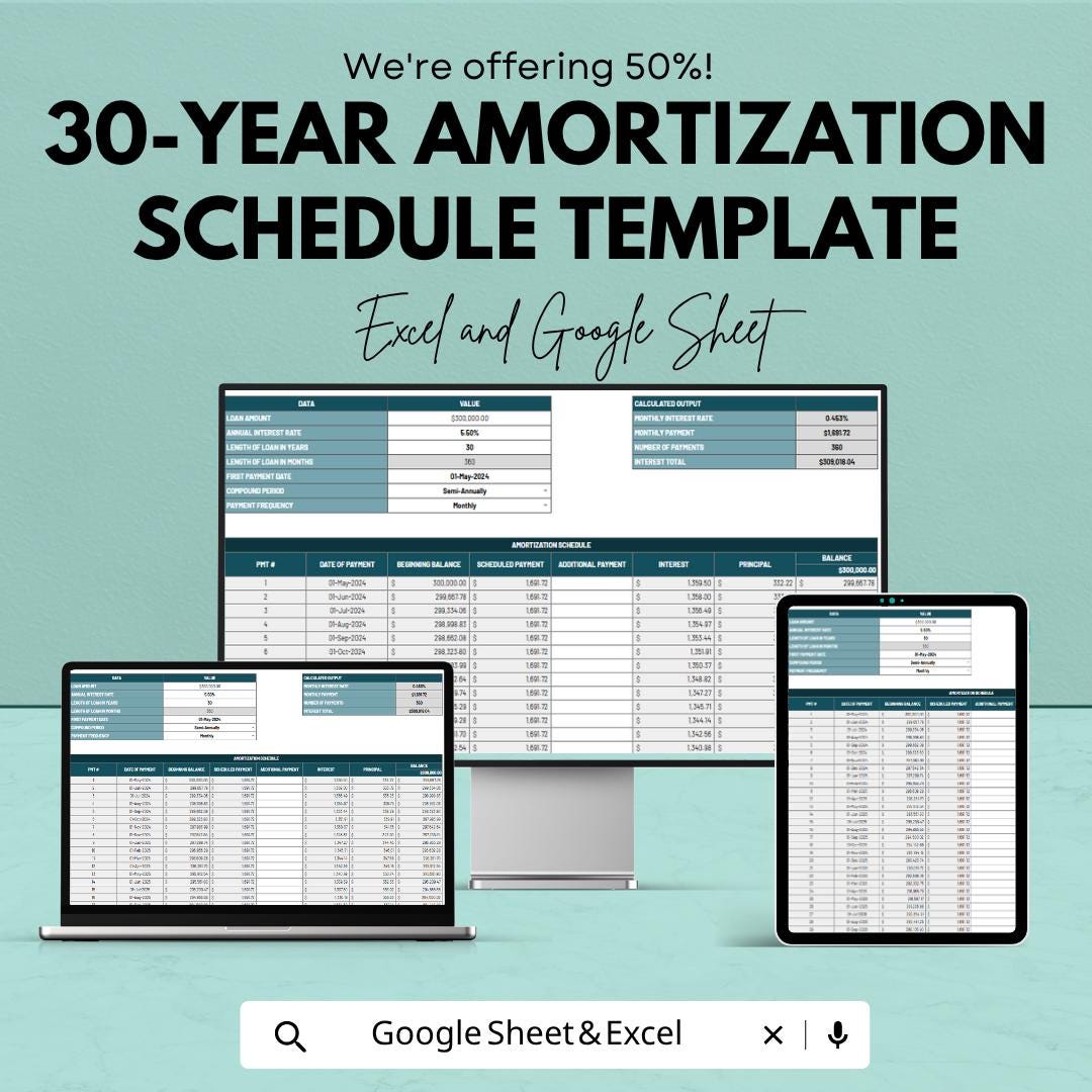 30 Year Amortization Schedule Template | Loan Payment Calculator Sheet | Mortgage Amortization Template | Loan Tracker Sheet