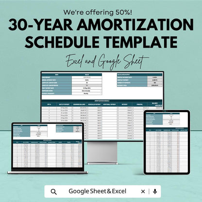 30 Year Amortization Schedule Template | Loan Payment Calculator Sheet | Mortgage Amortization Template | Loan Tracker Sheet
