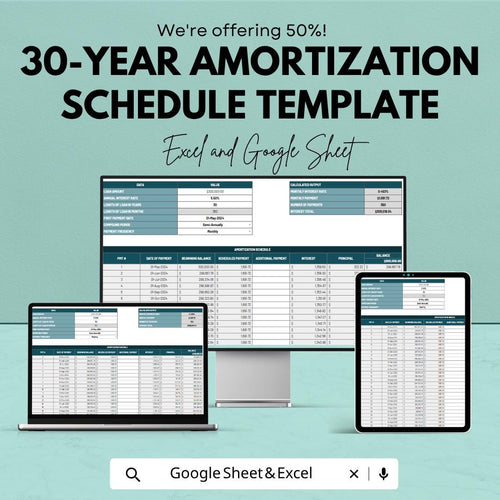 30 Year Amortization Schedule Template | Loan Payment Calculator Sheet | Mortgage Amortization Template | Loan Tracker Sheet
