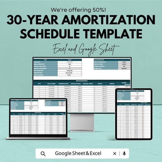 30 Year Amortization Schedule Template | Loan Payment Calculator Sheet | Mortgage Amortization Template | Loan Tracker Sheet