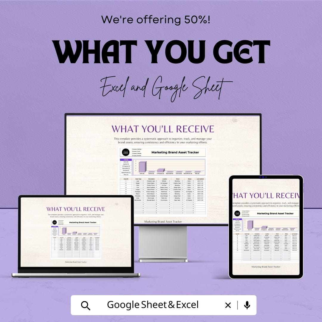 Marketing Brand Asset Tracker Sheet | Excel & Google Sheet | Brand Asset Management Template | Brand Tracker Spreadsheet