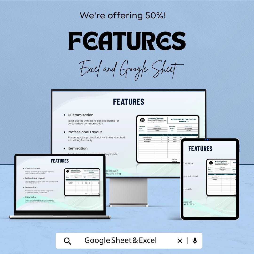Accounting Quotation Template | Google Sheets & Excel | Business Estimate Form | Client Pricing Sheet | Editable Service Quote