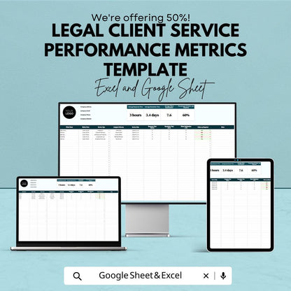 Legal Client Service Metrics Template, Law Firm KPI Tracker, Client Performance Dashboard, Legal Service Spreadsheet, Excel & Google Sheets