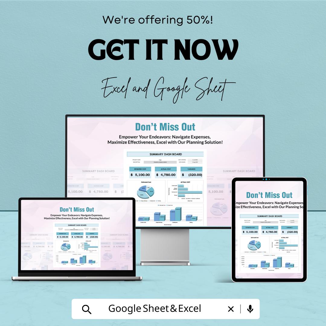 Project Cost Planner Template,  Budget Tracker, Project Expense Planner, Cost Management Spreadsheet, Business Budget Template