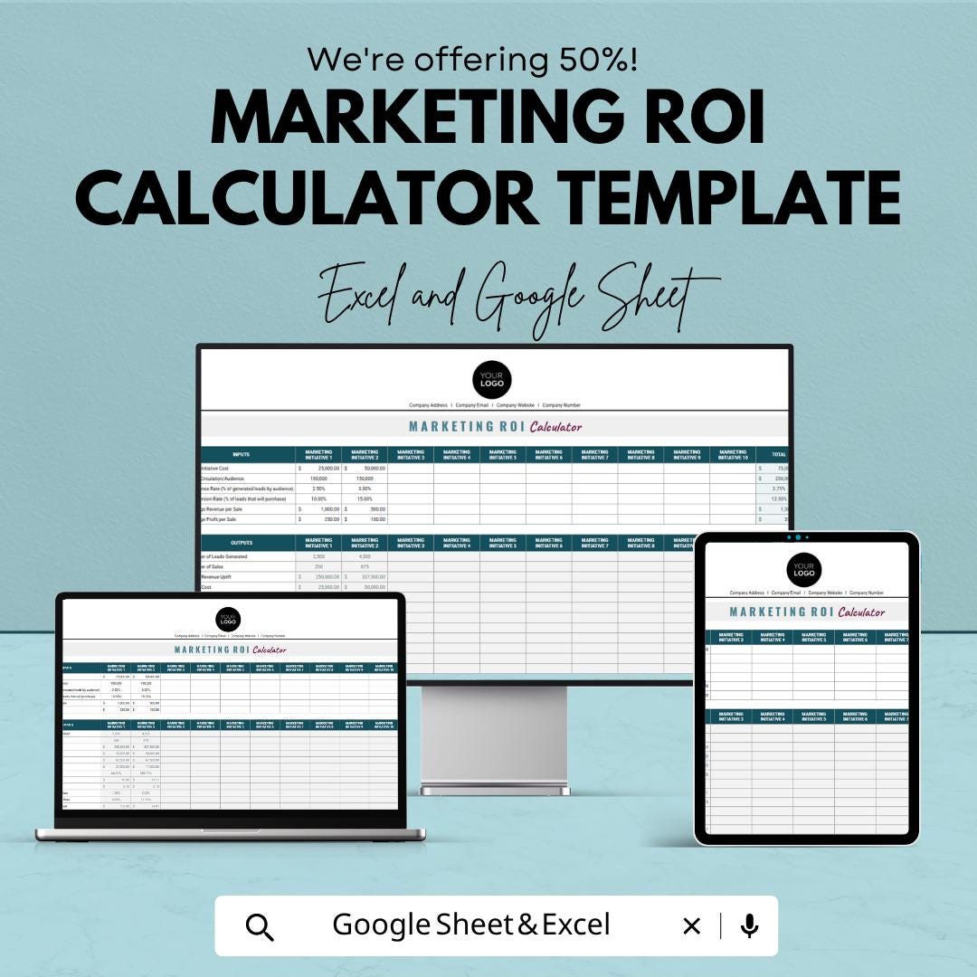 Marketing ROI Calculator Template | Marketing Budget Planner | ROI Tracker Spreadsheet | Business Analytics Tool