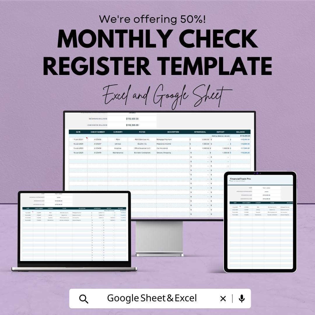 Monthly Check Register Template | Bank Register | Checkbook Balance Tracker | Income and Expense Log | Editable Spreadsheet