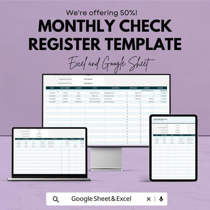 Monthly Check Register Template | Bank Register | Checkbook Balance Tracker | Income and Expense Log | Editable Spreadsheet