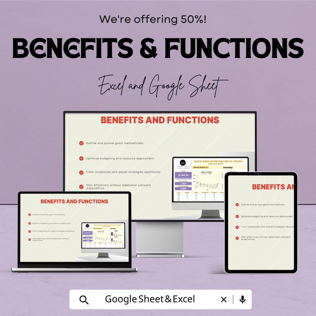 Social Media Marketing Paid vs Organic Analysis Sheet Template | Paid vs Organic Tracker | Marketing Analytics Spreadsheet