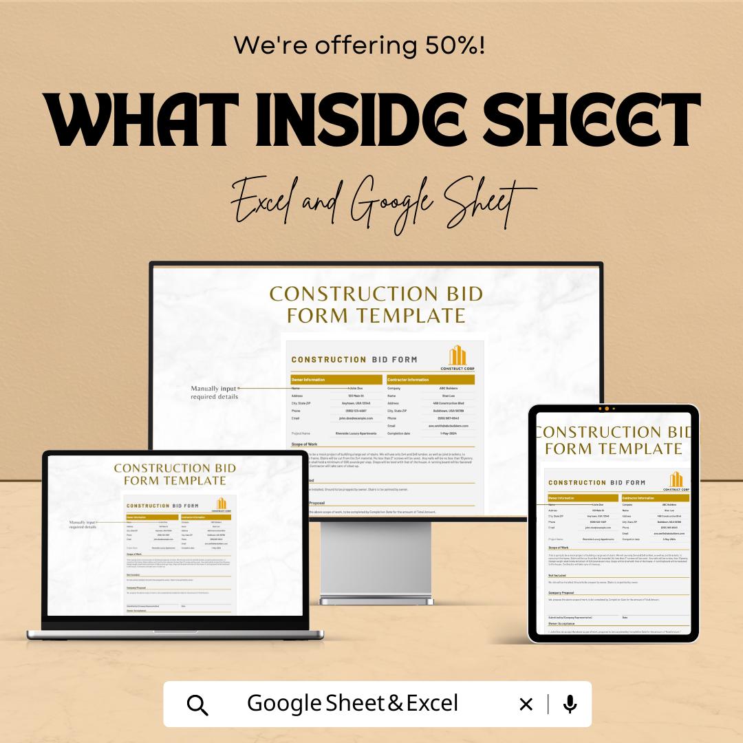 Construction Bid Form Template | Contractor Bid Sheet | Project Bid Proposal Template | Cost Breakdown Spreadsheet | Excel Google Sheets