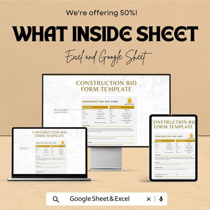 Construction Bid Form Template | Contractor Bid Sheet | Project Bid Proposal Template | Cost Breakdown Spreadsheet | Excel Google Sheets