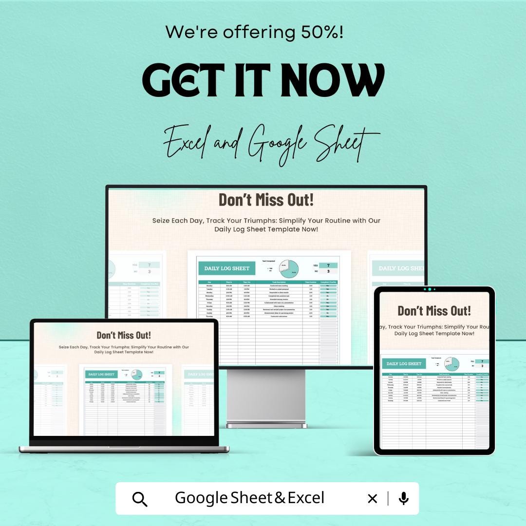 Daily Log Sheet | Google Sheets & Excel Tracker | Task Time Log, Productivity Journal, Work Schedule Sheet, Editable Template