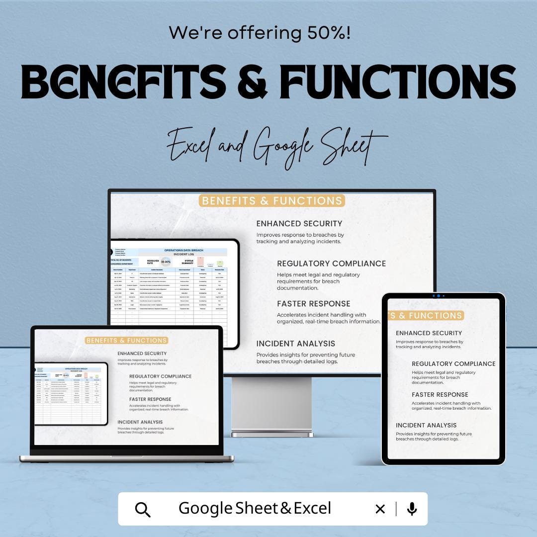 Operations Data Breach Incident Log Template, Security Incident Tracker, Data Breach Register, Compliance Log Spreadsheet