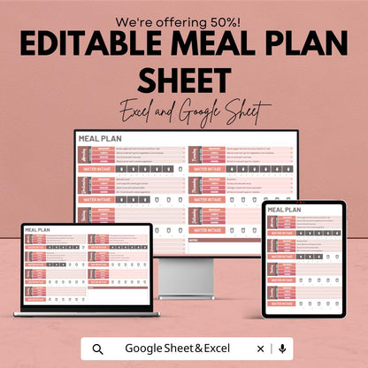 Editable Meal Plan Sheet | Easy Excel and Google Sheet Template for Weekly Meal Planning & Grocery List | Meal Prep Tracker