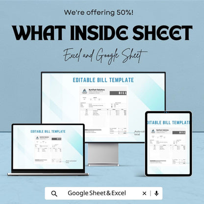 Editable Bill Template | Professional Invoice Spreadsheet | Custom Billing Template | Excel & Google Sheets | Business Invoice Generator |