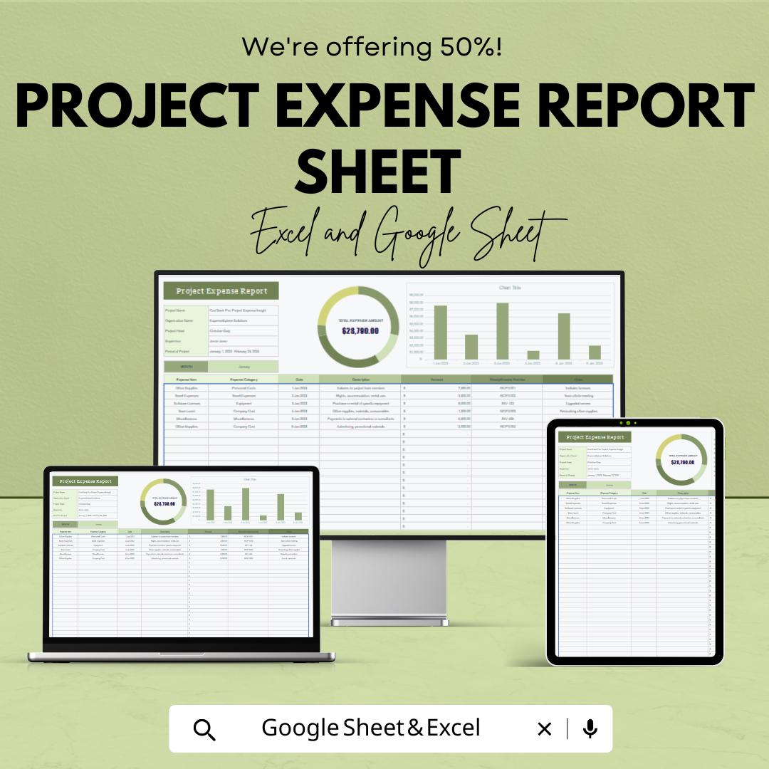 Project Expense Report Sheet | Excel & Google Sheets Template | Budget Tracker | Expense Log | Financial Report Sheet | Instant Download