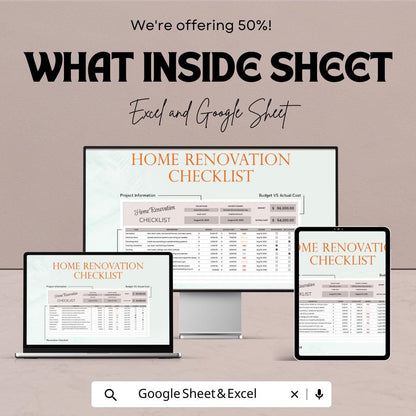 Home Renovation Budget Checklist for Excel and Google Sheets - 50% Off - Project Management & Estimation Tool