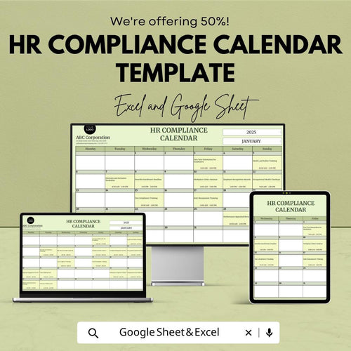 HR Compliance Calendar Template | HR Planner Spreadsheet | Employee Onboarding Tracker | HR Management Tool