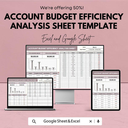 Account Budget Efficiency Analysis Sheet Template | Expense Tracker | Monthly Budget Planner | Financial Report Dashboard