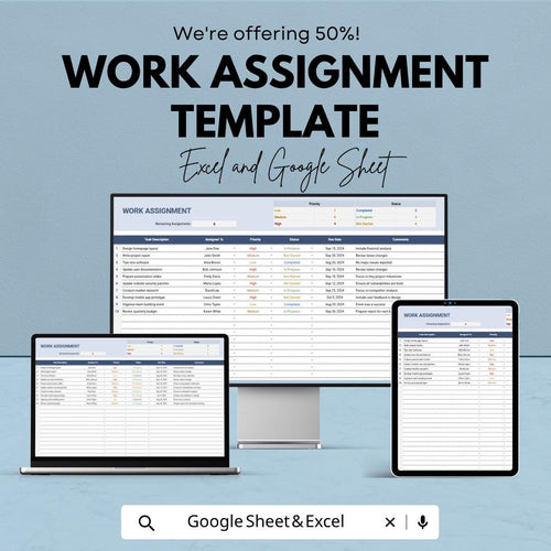 Work Assignment Template | Task Assignment Tracker | Employee Work Planner | Team Task Management Spreadsheet | Workload Organizer