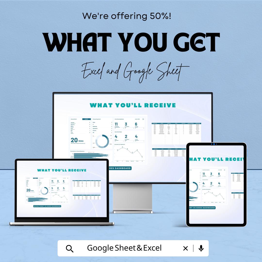 Recruitment vs Hires Dashboard Sheet | Excel & Google Sheets Template | Track Recruitment Performance | Visualize Hiring Metrics