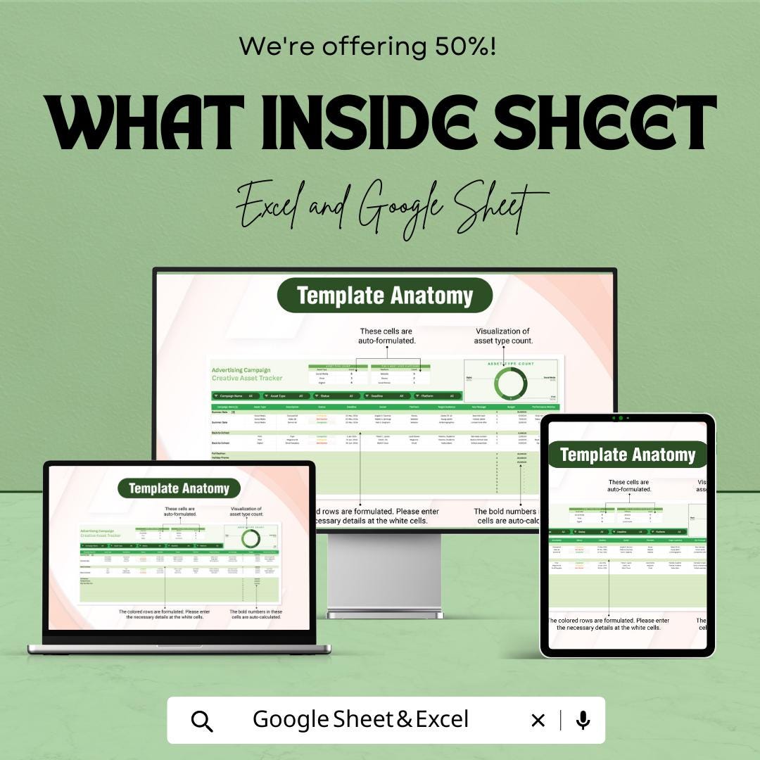 Advertising Campaign Tracker, Creative Asset Tracker Template, Marketing Content Planner, Campaign Management Spreadsheet