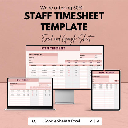 Staff Timesheet Template | Employee Timesheet Spreadsheet | Payroll Time Tracker Template | Work Hours Log Sheet