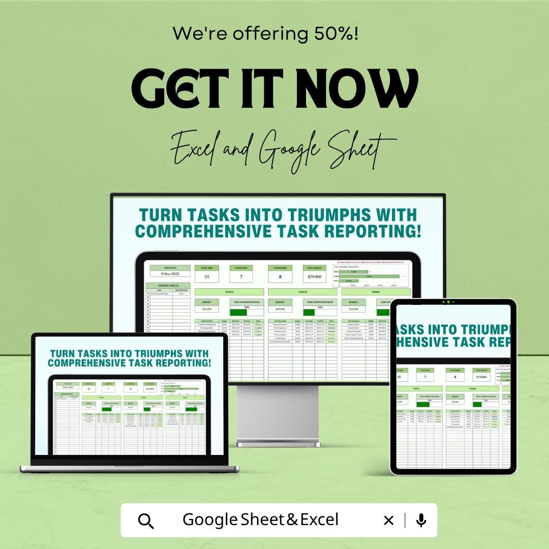 Task Report Template | Task Tracker Spreadsheet | Project Report Template | Task Management Sheet | Excel & Google Sheets | Work Progress