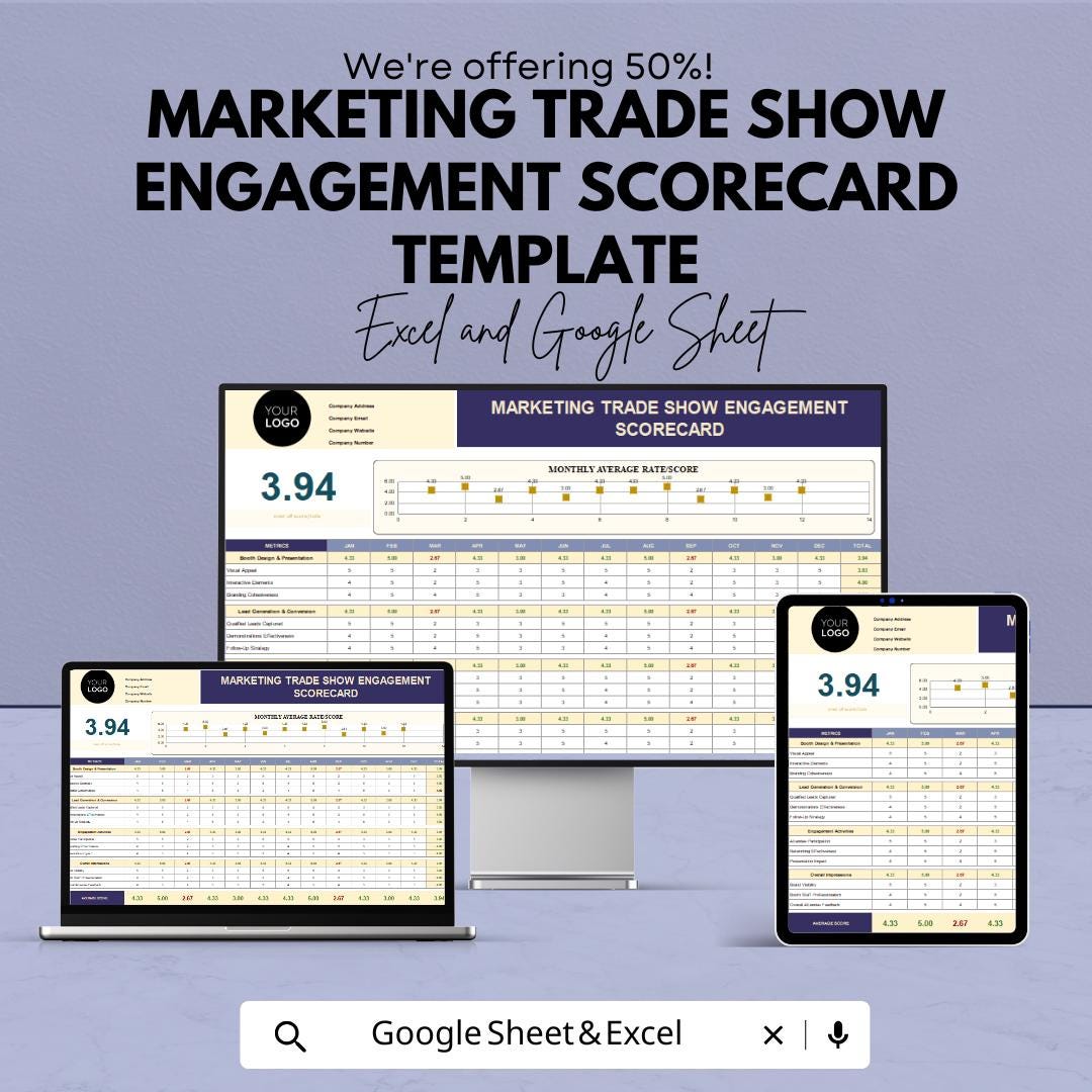 Marketing Trade Show Engagement Scorecard Template | Excel & Google Sheets | Trade Show Metrics Tracker | Booth Engagement Analysis |