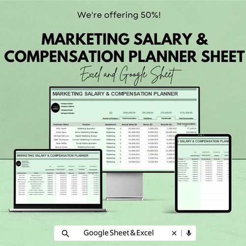 Marketing Salary & Compensation Planner - Excel and Google Sheet Template for HR, Salary Structures, Employee Compensation, and Bonuses