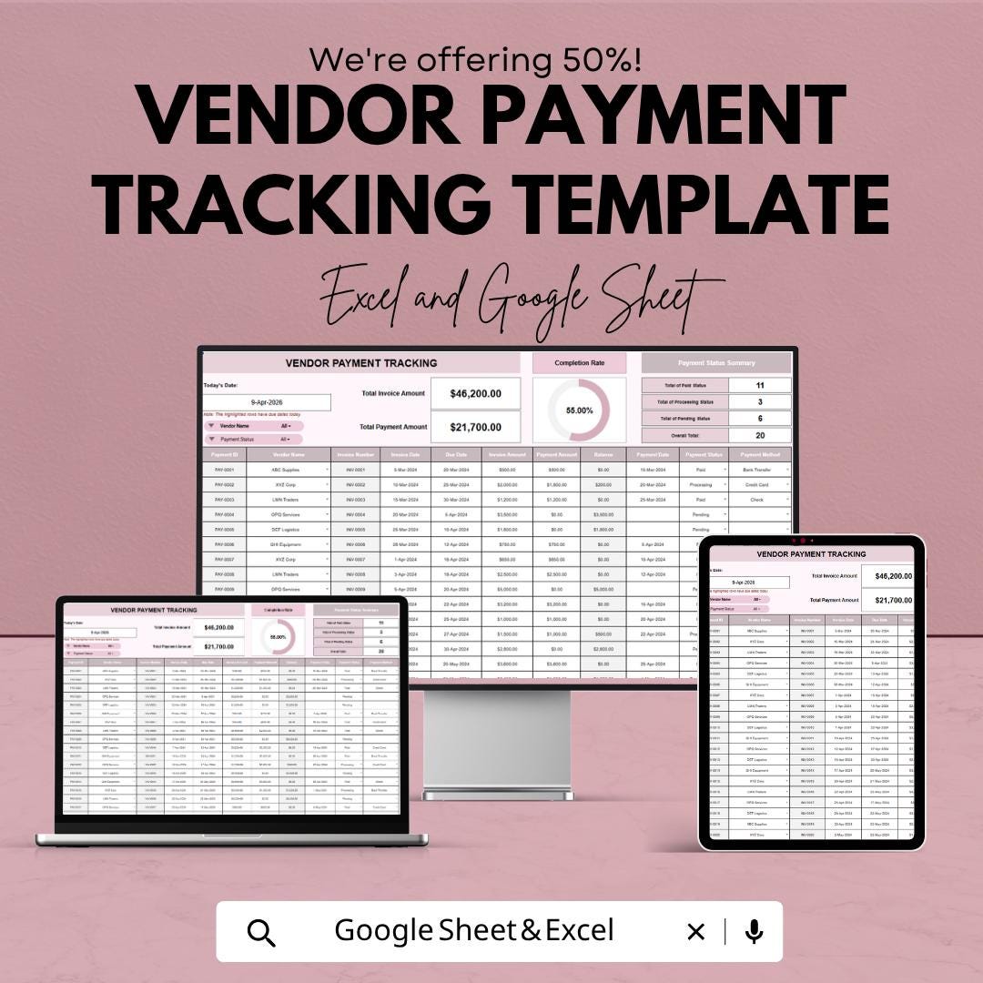 Vendor Payment Tracking Template | Accounts Payable Tracker Excel | Vendor Invoice Tracker Spreadsheet | Payment Management Sheet