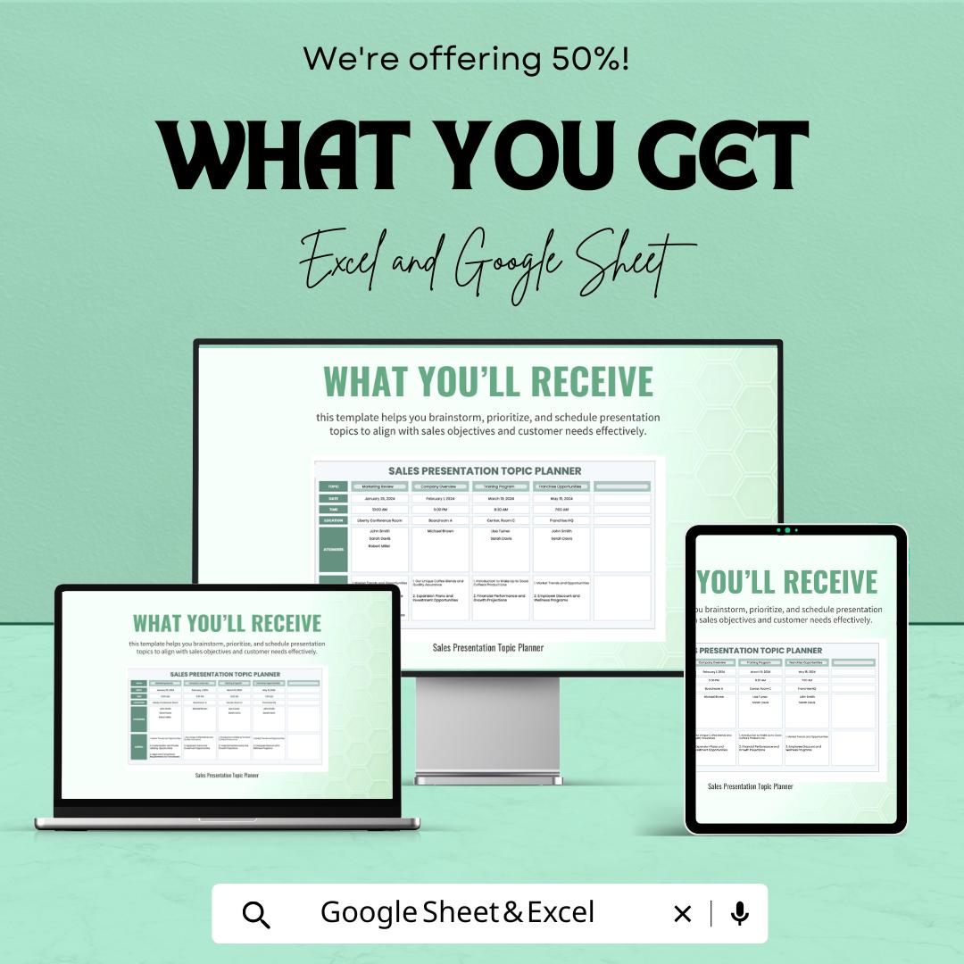 Sales Presentation Topic Planner Sheet – Excel and Google Sheets | Sales Presentation Organizer | Topic Brainstorming & Scheduling Template