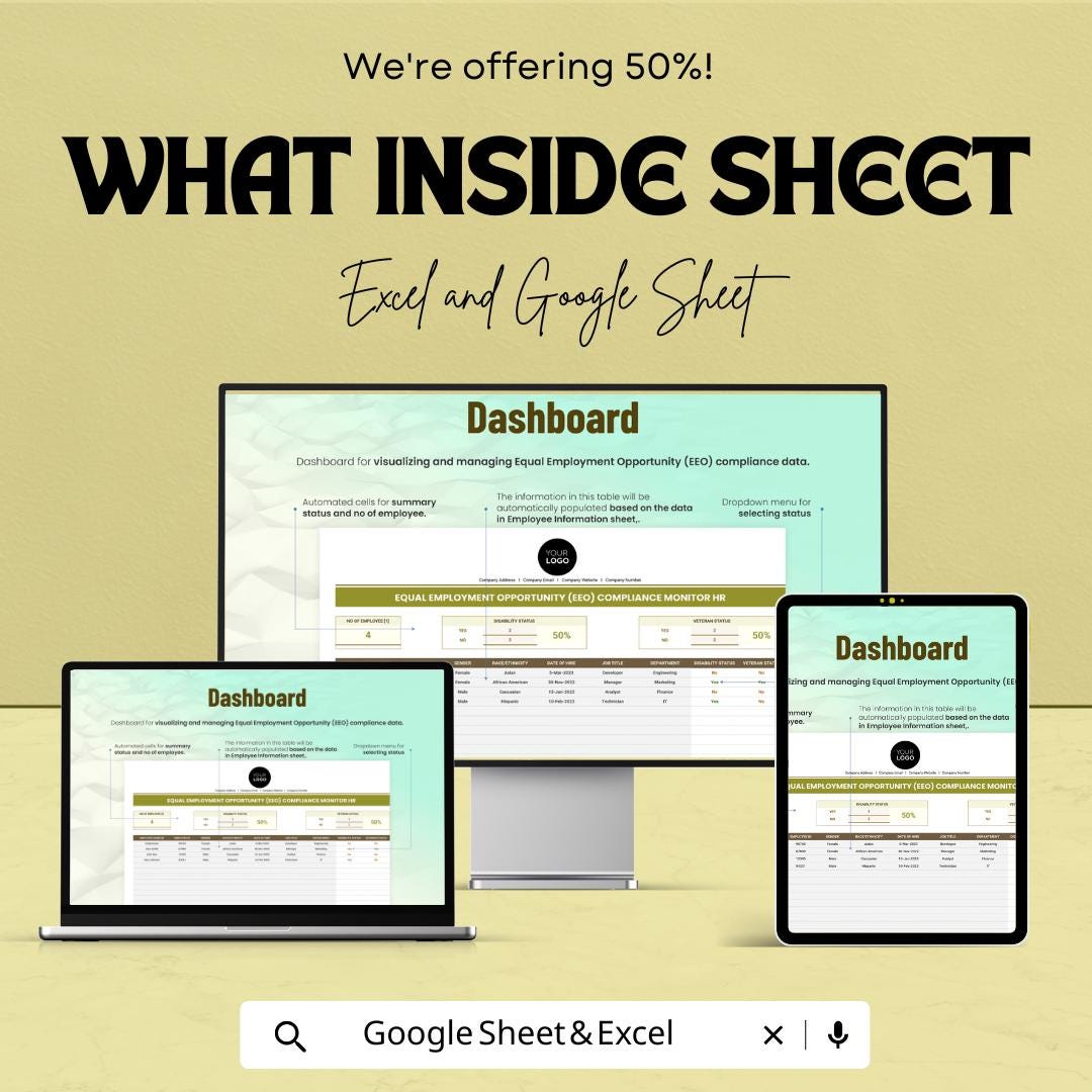 Equal Employment Opportunity EEO Compliance Tracker Hr Template | EEO Monitoring Spreadsheet | HR Compliance Dashboard | Excel Google Sheets