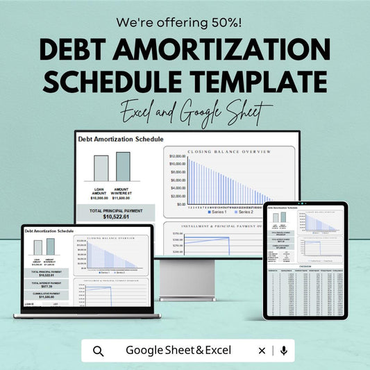 Debt Amortization Schedule Template | Loan Payment Calculator Spreadsheet | Debt Tracker Planner | Loan Repayment Schedule