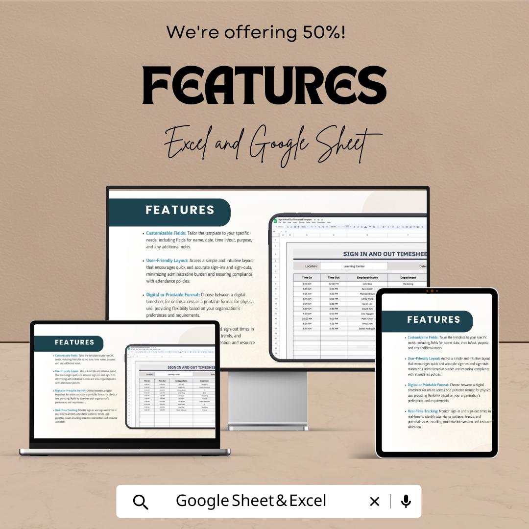 Sign In and Out Timesheet | Attendance Tracker Template | Excel & Google Sheets | Employee Time Log | Printable Sign-In Sheet