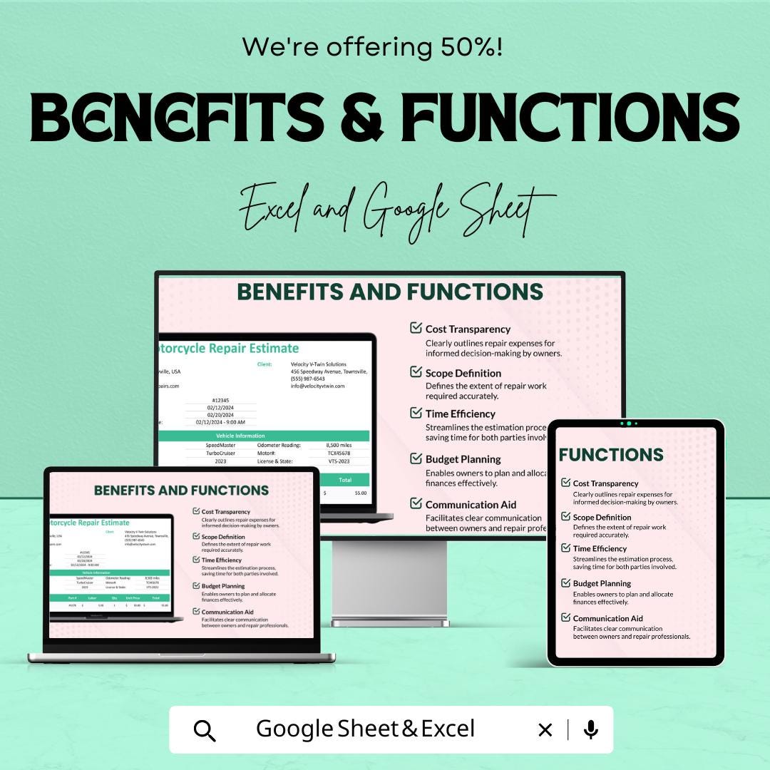 Motorcycle Repair Estimate Template - Excel & Google Sheets, Professional Vehicle Repair Estimation, Customizable, Maintenance Quote