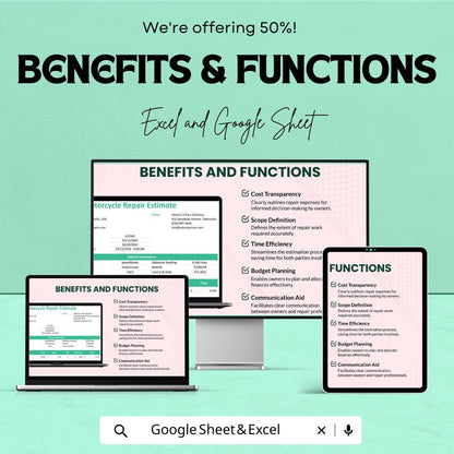 Motorcycle Repair Estimate Template - Excel & Google Sheets, Professional Vehicle Repair Estimation, Customizable, Maintenance Quote