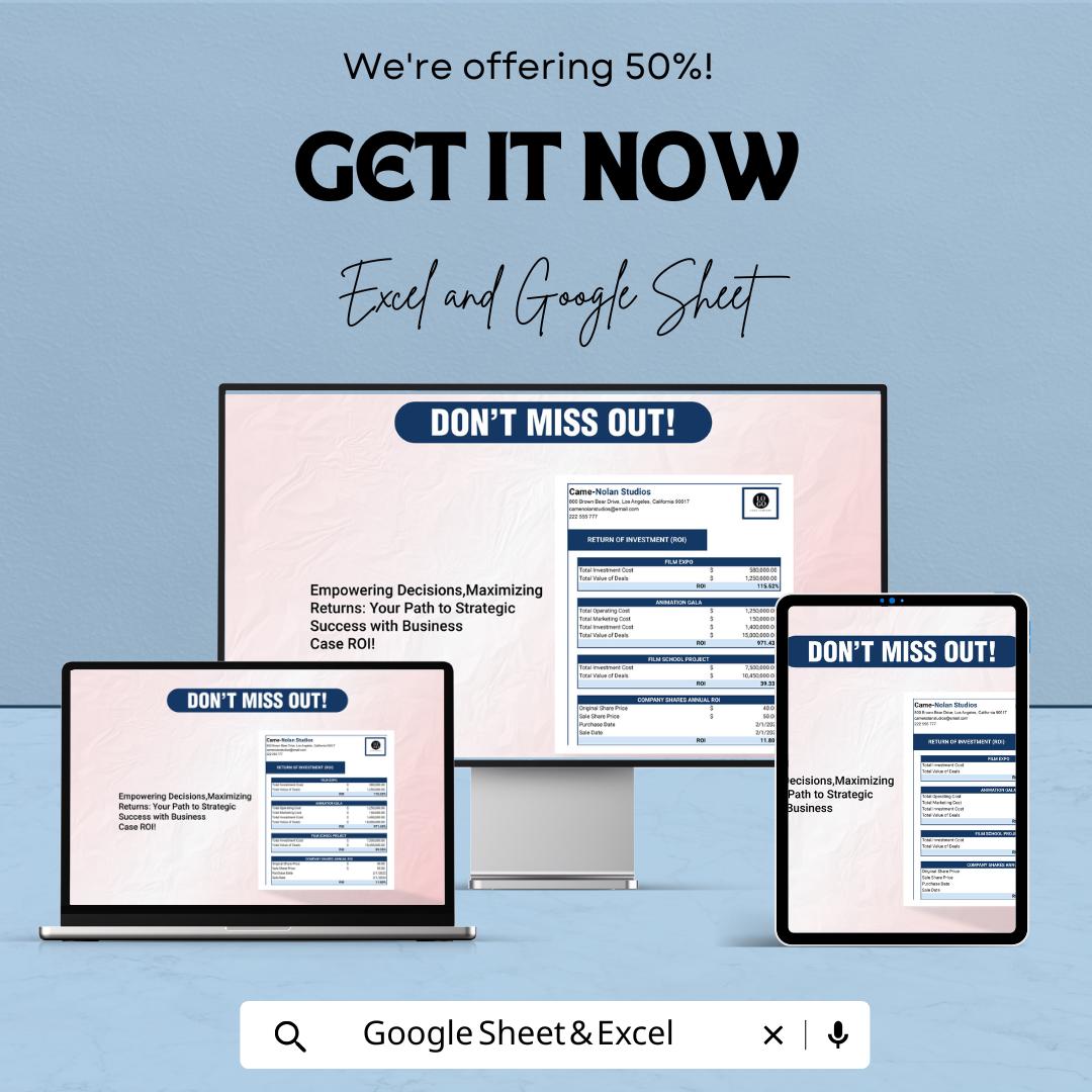 Business Case ROI Template, ROI Calculator Excel, Return on Investment Spreadsheet, Financial Analysis Tool, Google Sheets ROI Template