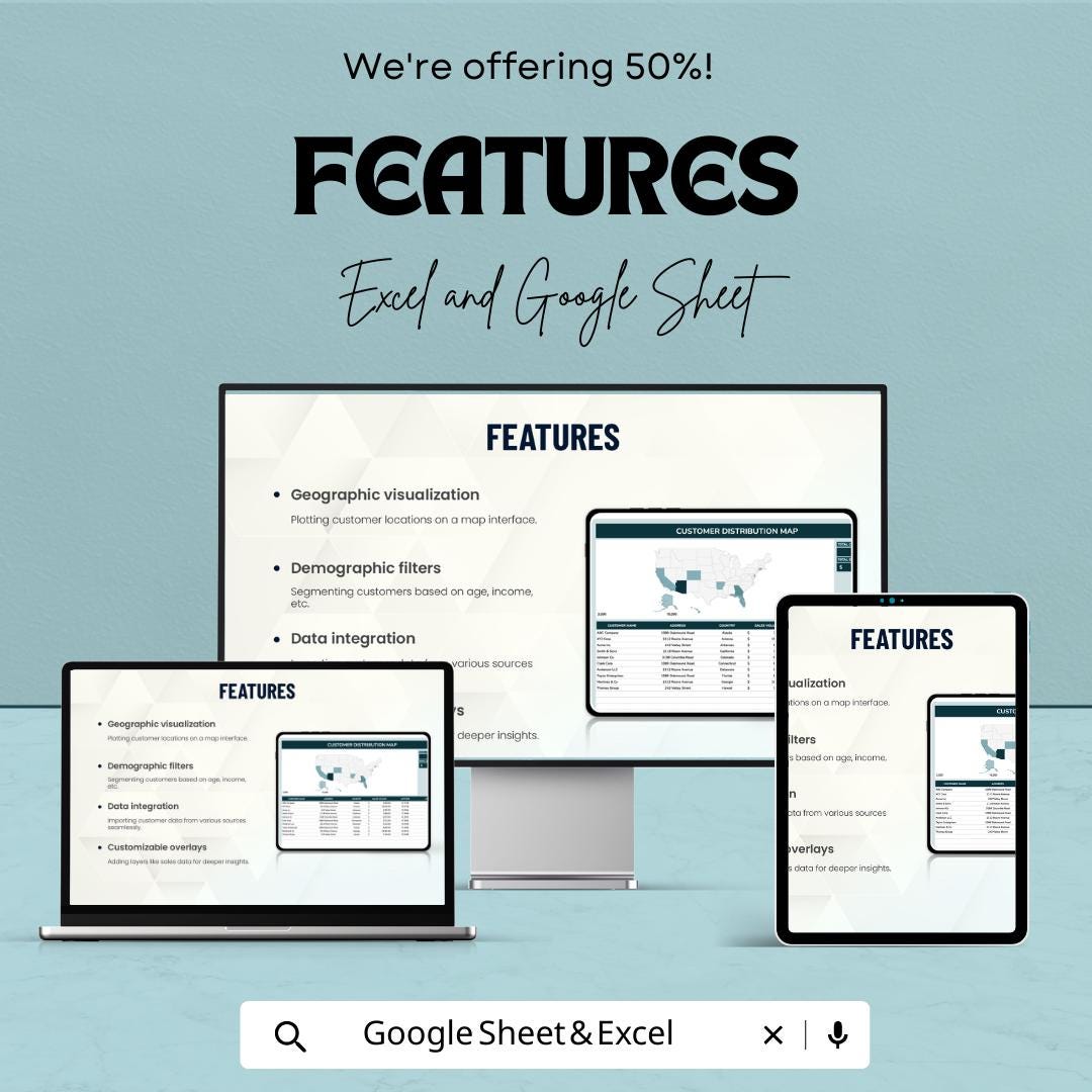 Customer Distribution Map Template Excel, Sales Territory Map, Client Location Tracker, Google Sheets Dashboard, Sales Analysis Tool