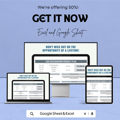 Car Restoration Project Plan Sheet | Google Sheet | Project Management Template | Customizable Gantt Chart | Restoration Project Planner