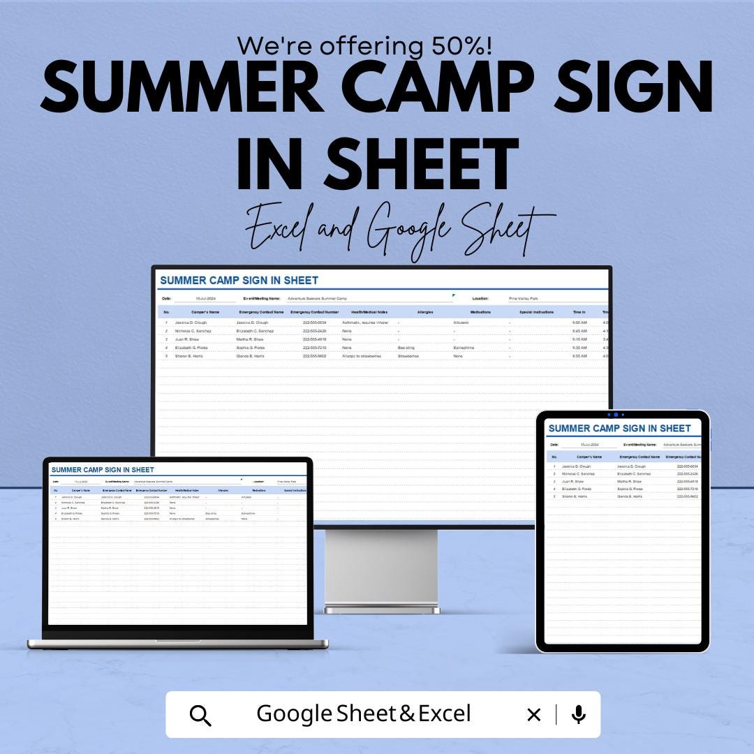 Summer Camp Sign-In Sheet | Excel & Google Sheets | Customizable | Activity Tracking Template | Camper Registration
