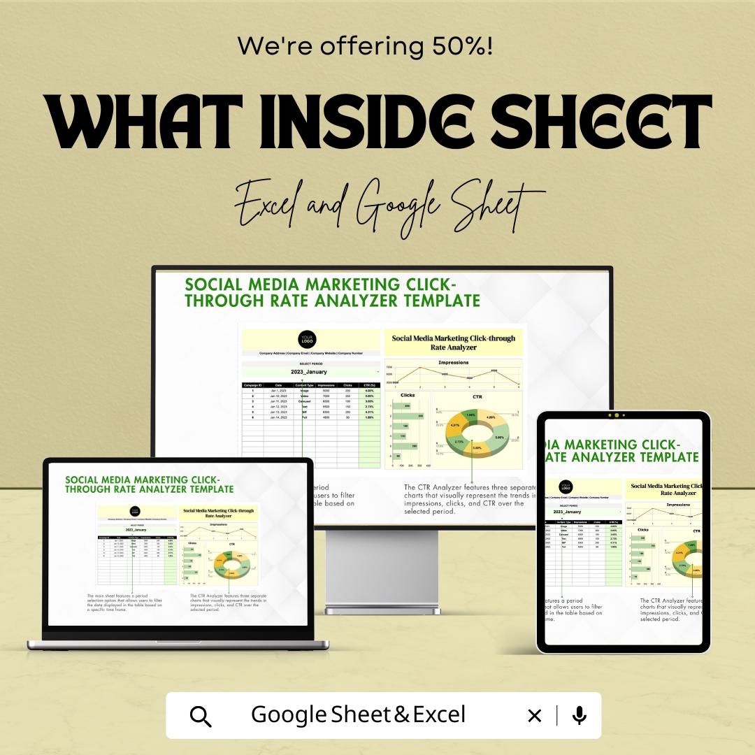 Social Media Marketing Click-through Rate Analyzer Template | CTR Tracker Spreadsheet | Click-through Rate Analyzer | Excel CTR Dashboard |